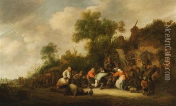Peasants Dancing And Carousing Outside A Village Inn Oil Painting - Isaac Van Ostade