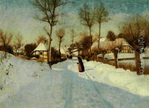 Vinterdag I Landsbyen Oil Painting - Hans Andersen Brendekilde