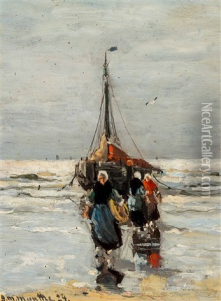 Fishers' Wives Near A 'bomschuit' In The Surf Oil Painting - Gerhard Arij Ludwig Morgenstjerne Munthe