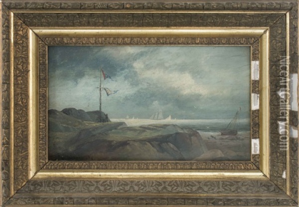 Figures Raising Pennants Along A Coast. Shipping In The Background Oil Painting - Franklin Stanwood