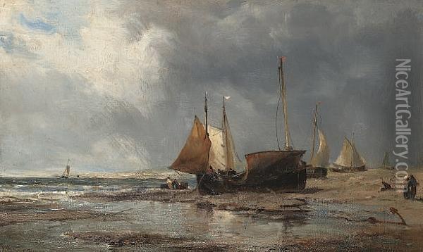 Beached Fishing Boats Oil Painting - Edwin Hayes