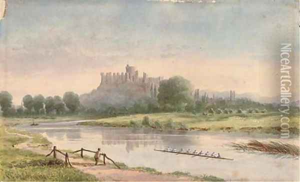 The Eton College rowing eight blading down the Thames, Windsor Castle behind Oil Painting - Francis George Coleridge