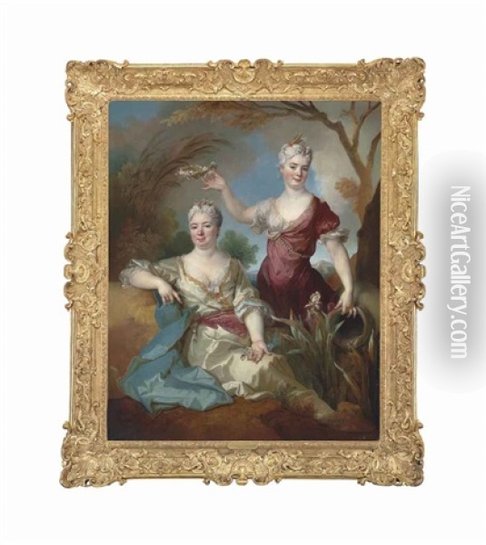 Portrait Of Baroness Le Leu D'aubilly, Full-length...and Her Daughter Madame De Guinaumont Oil Painting - Nicolas de Largilliere