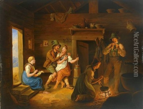 Blick In Einen Sennhutte Mit Reicher Figurenstaffage Oil Painting - Johann Philipp Heinel