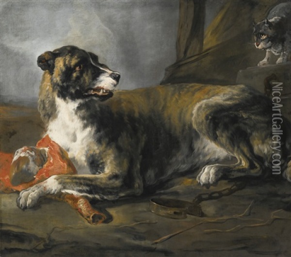 Hound With A Joint Of Meat And A Cat Looking On Oil Painting - Jan Baptist Weenix