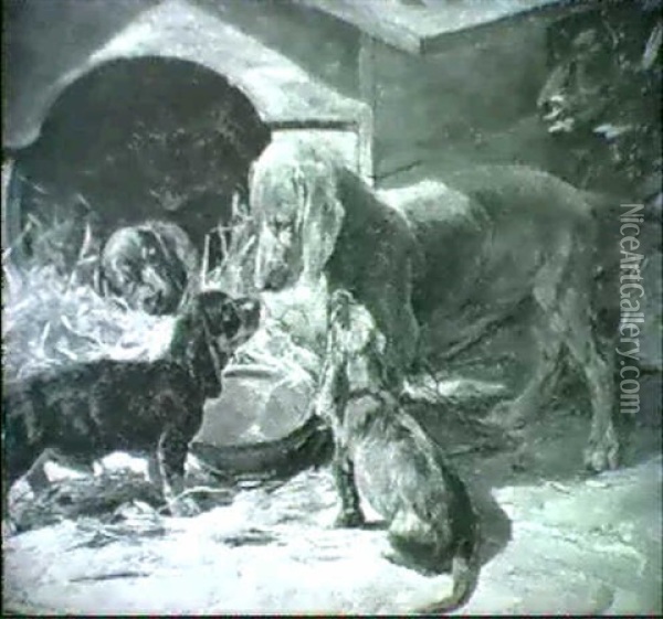 Dackelhundin Mit Jungen Am Futternapf Vor Der Hundehutte Oil Painting - Hermine Biedermann-Arendts