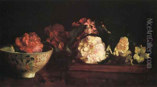 Flowers In A Japanese Tray On Mahogany Table Oil Painting - John La Farge