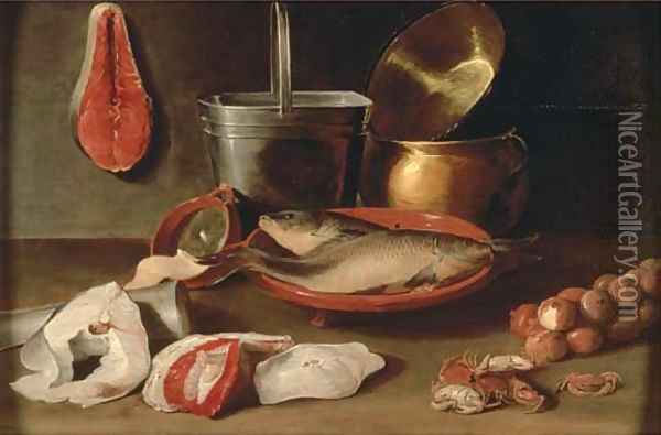 Bream in a stoneware bowl with onion Oil Painting - Jacob Fopsen van Es