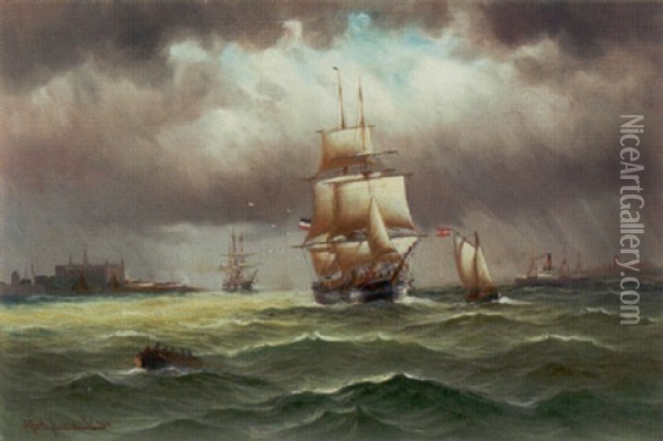 Sejlskibe Ud For Kronborg Oil Painting - Alfred Serenius Jensen
