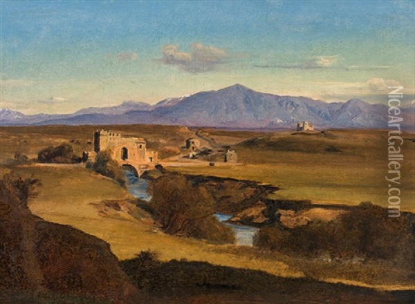 Ponte Nomentano Across The Aniene, In The Northeast Of Rome Oil Painting - Friedrich Loos