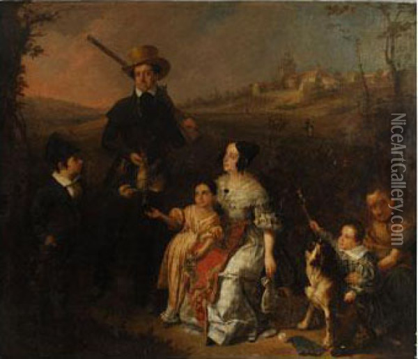 Retrato Del Marques De Arco Hermoso Y Su Familia Oil Painting - Antonio Cabral Y Bejarano