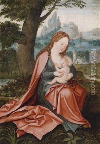 The Virgin With The Christ Child In A Wide Landscape Oil Painting - Joachim Patenir