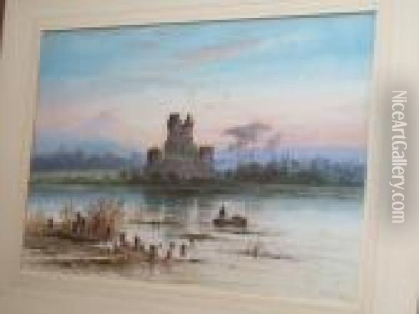 River Scene With Ruined Castle Oil Painting - Edwin Earp