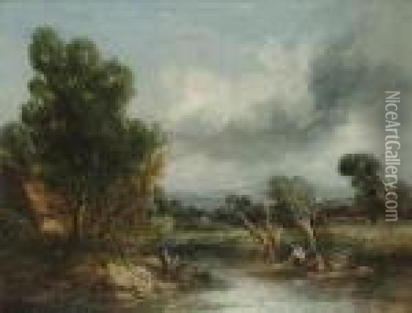 Figures Fishing Near A Watermill Oil Painting - William James Muller