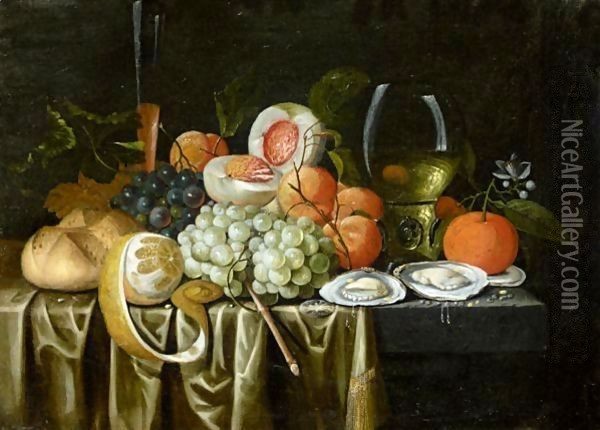 Still Life With A Roemer, Oysters, Oranges, Grapes, Apricots Oil Painting - Jan Pauwel II the Younger Gillemans