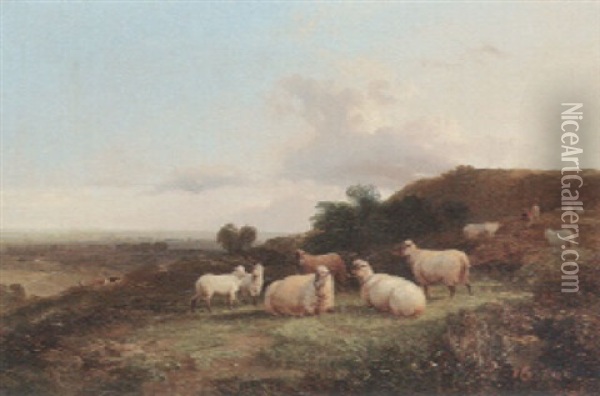 Sheep In A Landscape Oil Painting - George Cole