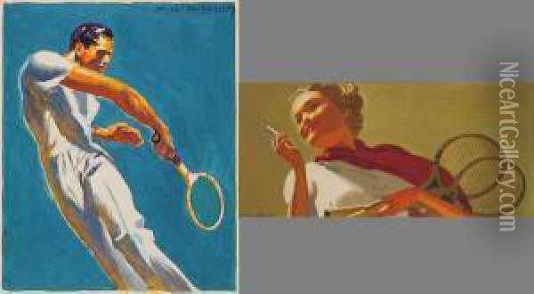 Two Comprehensive Sketches: 
Woman With Tennis Rackets Pauses For A Smoke With Man Hitting Backhand. Oil Painting - Mcclelland Barclay