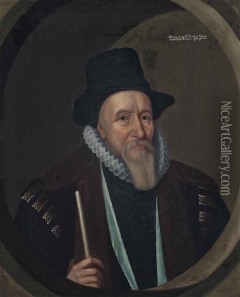 Portrait Of Thomas Sackville, 1st Earl Of Dorset (1536-1608), Half-length, In A Brown Coat And Black Hat, Holding A Rod Of Office Oil Painting - John Decritz the Elder