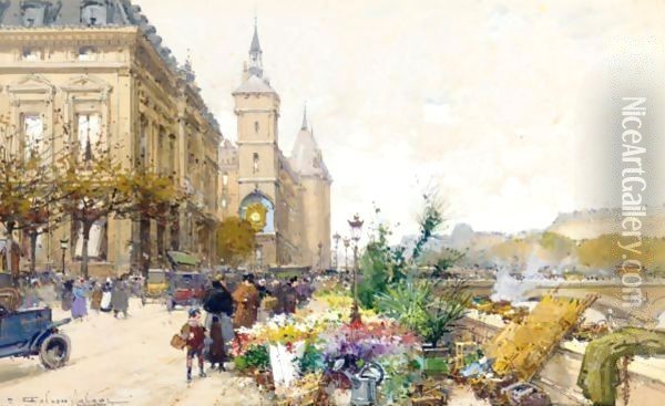Le Marche Aux Fleurs Pres De La Conciergerie Oil Painting - Eugene Galien-Laloue