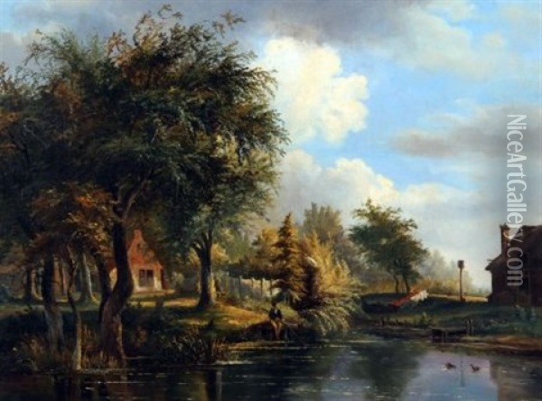 The River Yare With Cottage And Young Man Fishing From The Bank Oil Painting - George Vincent