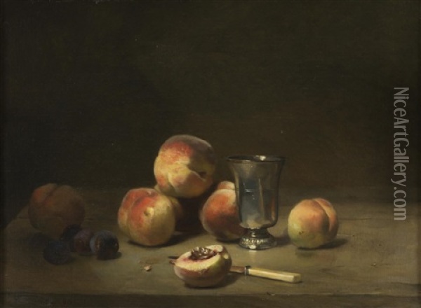 Still Life With Peaches And Plums Oil Painting - Philippe Rousseau