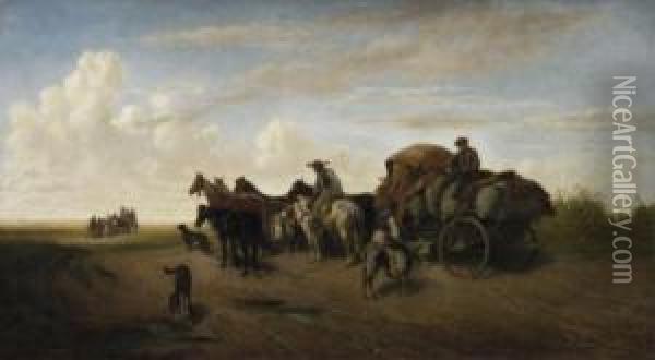 In The Puszta. Farmers On Their 
Horse-conveyances. Signed And Dated Bottom Right: H. Lang 1861 Paris Oil Painting - H.F. Lang