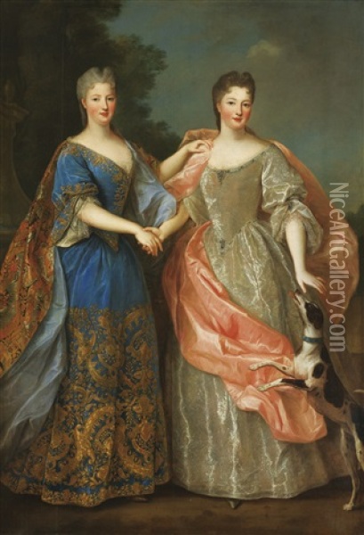 Portrait Presume De Mademoiselle De Blois Et Mademoiselle De Nantes Avec Un Chien Oil Painting - Pierre Gobert