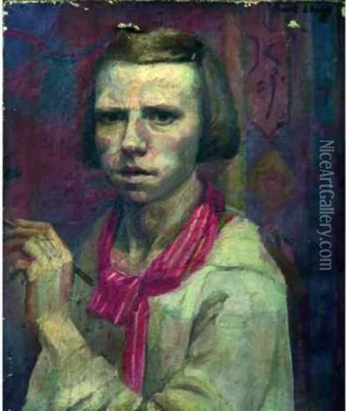 Autoportrait Au Pinceau. Oil Painting - France Leplat
