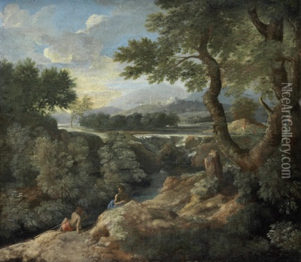 Figures Conversing In An Arcadian Landscape, With A Walled City In The Distance Oil Painting - Gaspard Dughet