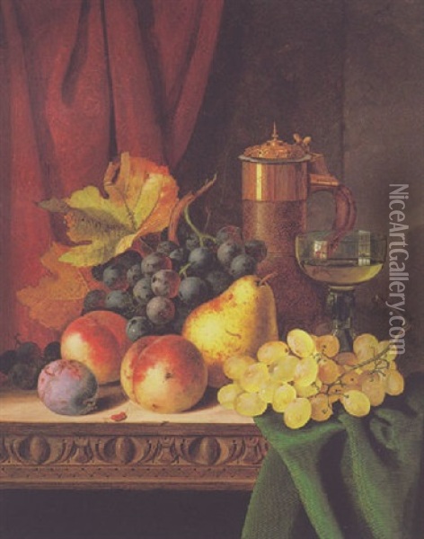 Still Life With Grapes, Peaches, A Wine Goblet And A Covered Flask On A Ledge Oil Painting - Edward Ladell