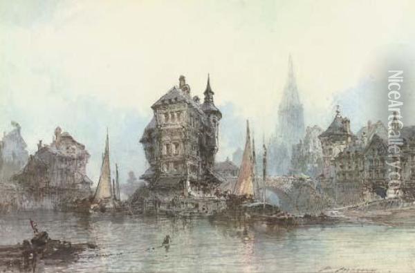 River Craft Drying Their Sails Before A Cathedral (illustrated); And A French Town Oil Painting - Paul Marny