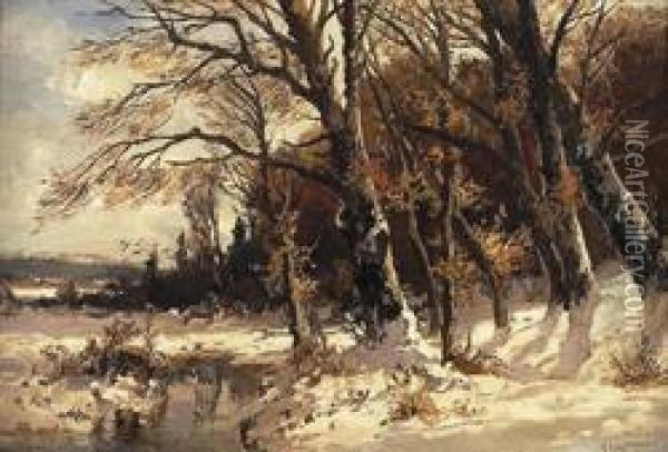 A Snow Covered Wodland Landscape Oil Painting - Joseph Farquharson