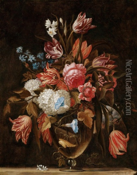Blumenbouquets In Kristallvasen (pair) Oil Painting - Nicolas Baudesson