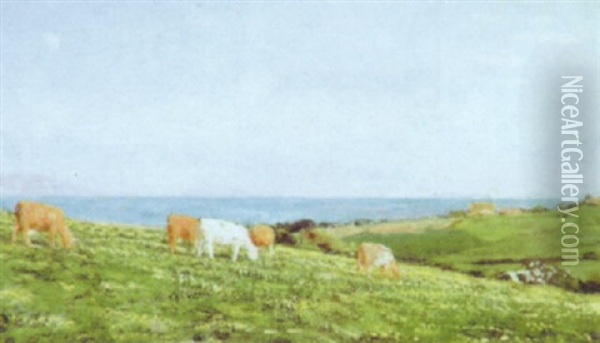 Cattle In A Clifftop Meadow Oil Painting - Arthur Hughes