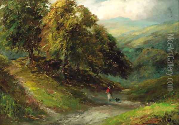 A figure on a wooded valley path Oil Painting - George Turner