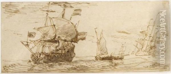 Two Dutch Three-masters Under Sail, With Smaller Boats Nearby Oil Painting - Willem van de, the Elder Velde