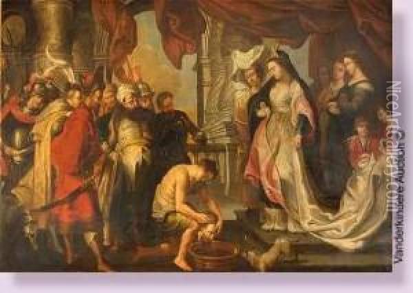 Thomyris Faisant Plonger Le Tete De Cyrus Dans Un Vase Rempli De Sang Oil Painting - Theodor Van Thulden