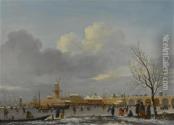 A Winter Landscape With Skaters On The Amstel Oil Painting - Jan Ekels the Elder