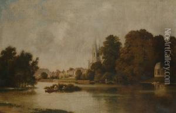 'hampton On Thames', With Garricks Temple Oil Painting - John Mulcaster Carrick