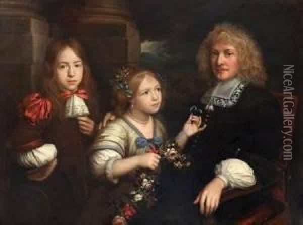 A Father And His Two Children Oil Painting - Benedetto Gennari