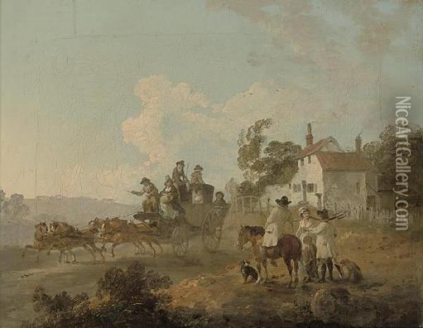A Landscape With Travellers In A Horse-drawn Carriage, And Figures Conversing By A Track Oil Painting - Julius Caesar Ibbetson