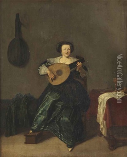 An Elegant Lady In A Green Dress Playing A Lute In An Interior Oil Painting - Dirck Hals