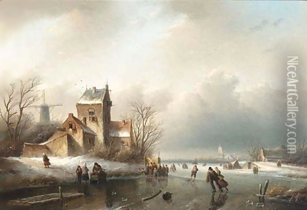 Skaters On A Frozen River, A 'Koek And Zopie' Beyond Oil Painting - Jan Jacob Coenraad Spohler