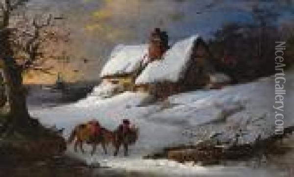Figure And Pony In The Snow Before A Thatched Cottage Oil Painting - Edward Robert Smythe