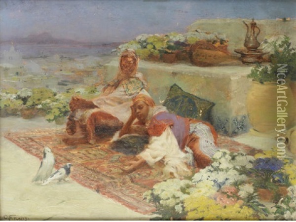 Figures Reclining On A Terrace, Tunis Oil Painting - Otto Friedrich