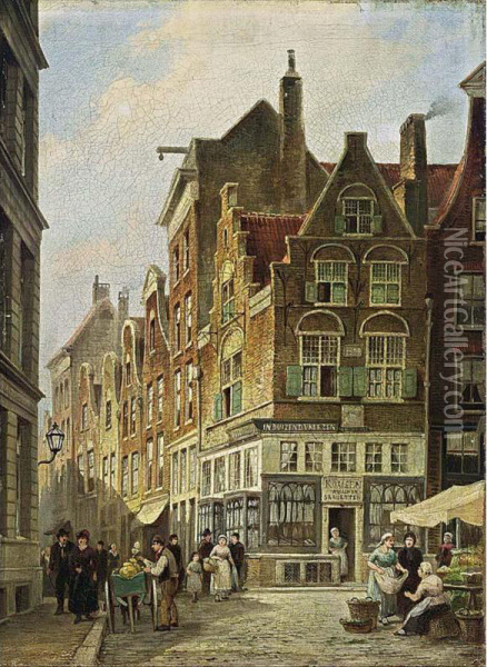 Townsfolk In The Streets Of Amsterdam Oil Painting - Willem De Haas Hemken