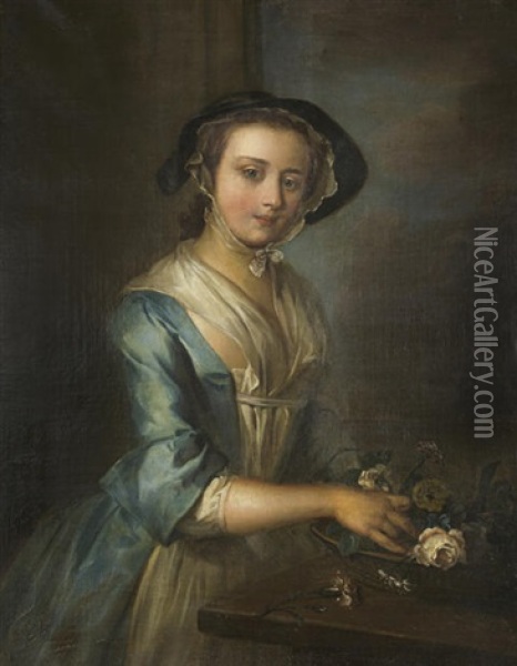 A Young Woman Arranging Flowers (allegory Of Smell) Oil Painting - Philip Mercier