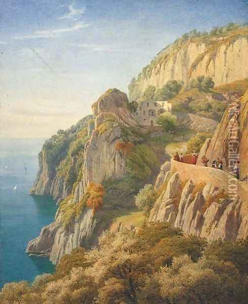 Figures on a Coastal Path in Amalfi Oil Painting - William J. Fergusson