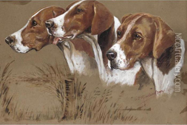 Three Hounds; A Spaniel Oil Painting - George Derville Rowlandson