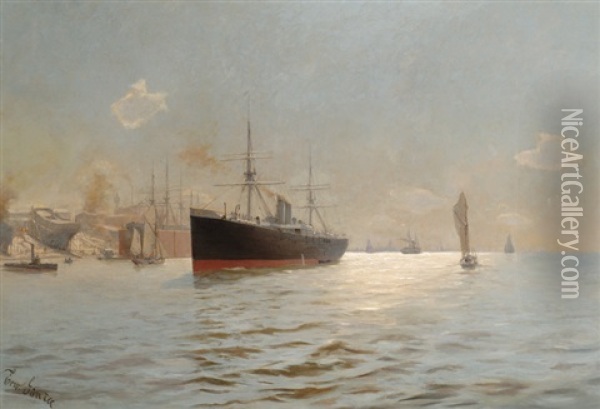 Hamburg Harbour View Oil Painting - Erwin Carl Wilhelm Guenther